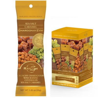 Wine RayZyn - Sea Salt Caramel ChardonayZyn (12 pack) Hand Harvested Dried Chardonnay Wine Raisins from Napa Valley enrobed in delicious sea salt caramel The Healthier Golden Raisin with a Natural "Crunch" - Award Winning Heart Healthy Snack