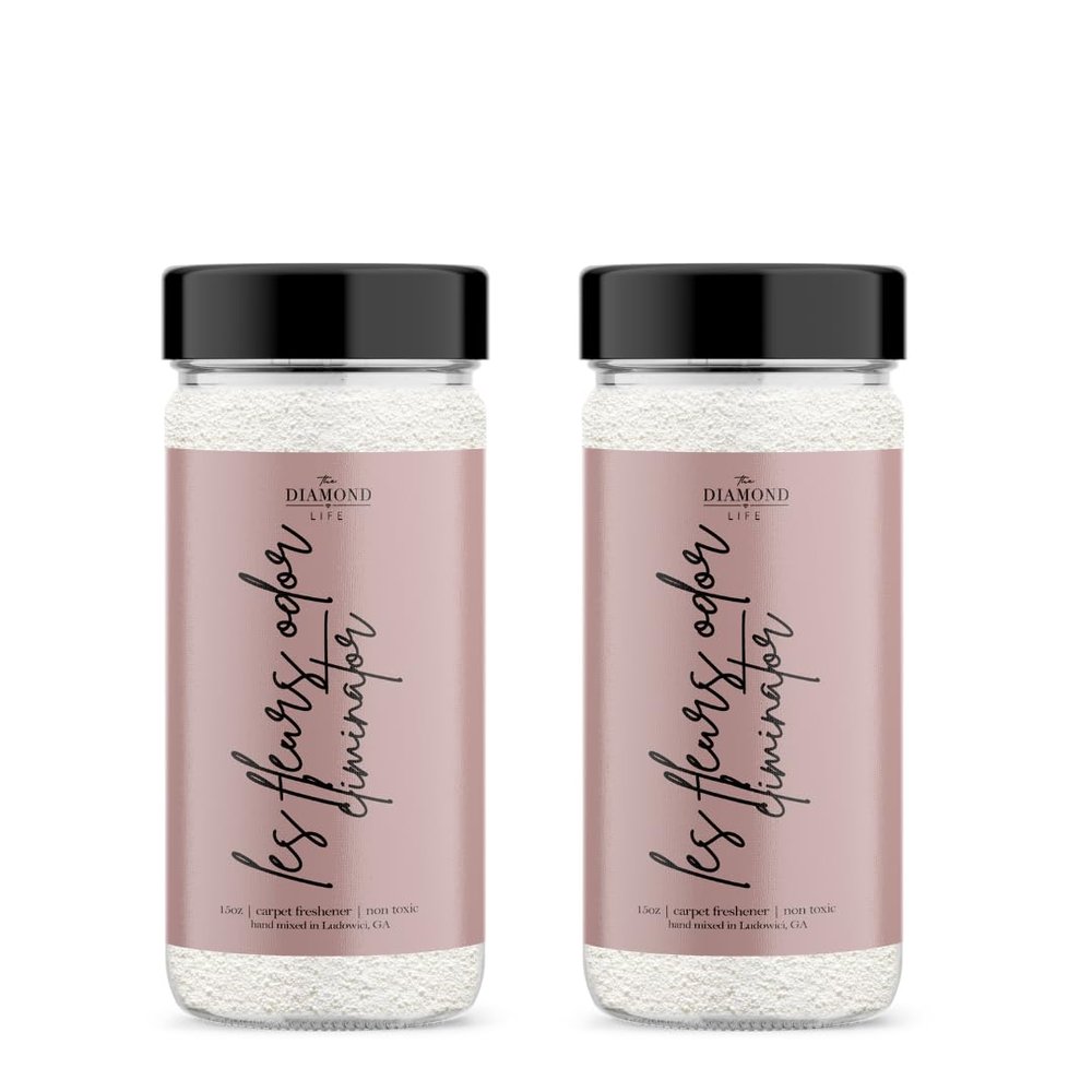 The Diamond Life Home "Les Fleurs" Pink Peony & Cherry Blossom Natural Carpet Powder For Vacuuming, Mattress, & Upholstery Freshener, Odor Eliminator For Homes With Kids & Pets(2 Pack)