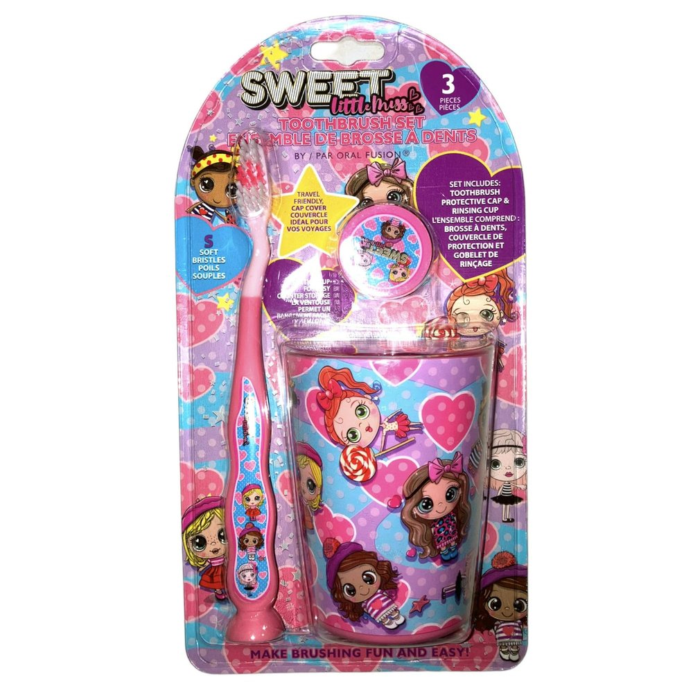 Sweet Little Miss 3-Piece Toothbrush Set, Kid's Toothbrush Set, Toothbrush, Toothbrush Cap, and Cup Included
