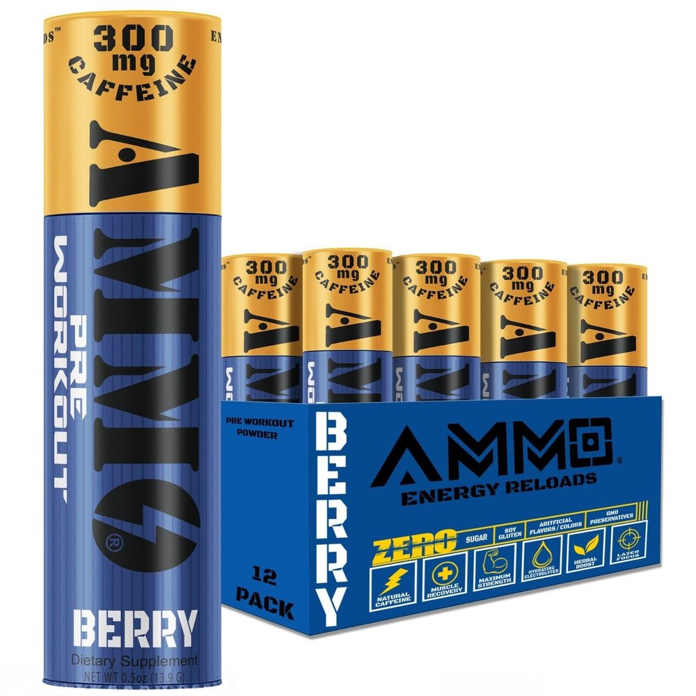 Ammo Pre Workout Berry 12Pack Single Serve Powder On The Go - Extra Strength 300mg Caffeine Zero Sugar All Natural Energy Reloads