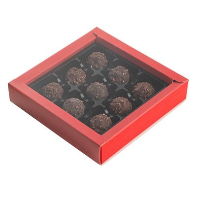 Restaurantware Sweet Vision 7.3 x 7.3 x 1.6 Inch Square Candy Boxes 100 Disposable Bakery Gift Boxes - 9 Compartments With Slidable Clear Lids Red Paper Boxes For Chocolate And Treats