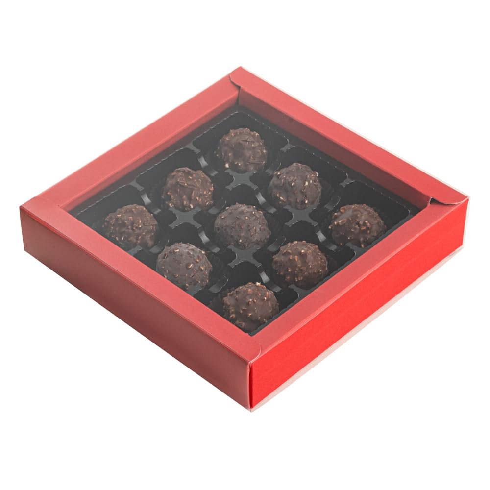 Restaurantware Sweet Vision 7.3 x 7.3 x 1.6 Inch Square Candy Boxes 100 Disposable Bakery Gift Boxes - 9 Compartments With Slidable Clear Lids Red Paper Boxes For Chocolate And Treats