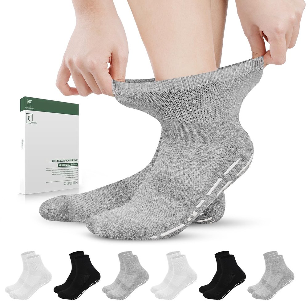 Bulinlulu Diabetic Socks with Grippers for Men Women -6 Pairs Non Binding Diabetic Ankle Slipper Socks Size 6-9 9-12(White+Grey+Black-Medium)