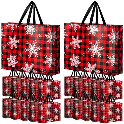 Abbylike 36 Pcs Reusable Christmas Large Gift Bags Bulk Xmas Holiday Plaid Tote Shopping Bags with Handles (Red)