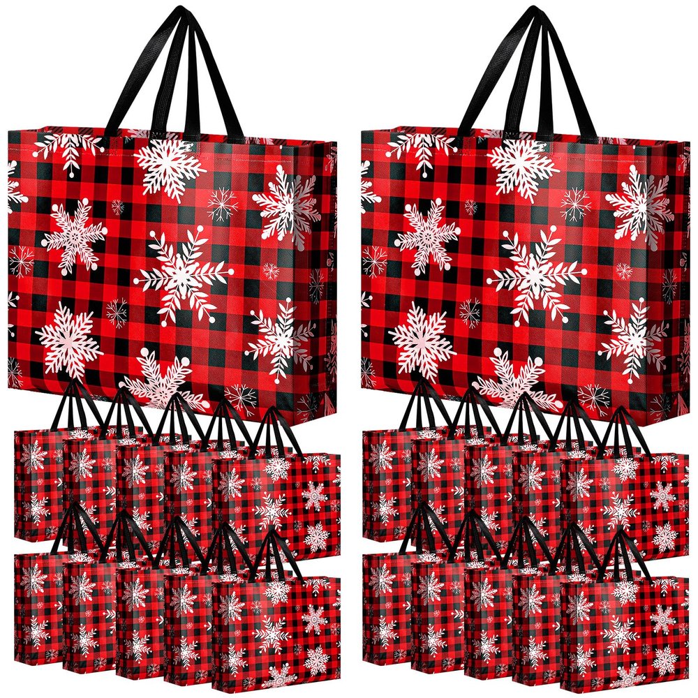 Abbylike 36 Pcs Reusable Christmas Large Gift Bags Bulk Xmas Holiday Plaid Tote Shopping Bags with Handles (Red)