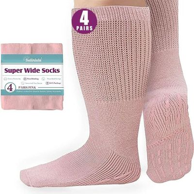 Bulinlulu Extra Width Socks for Swollen Feet-4 Pairs Hospital Grip Bariatric Diabetic Socks for Women Men 13-15-4 Pink