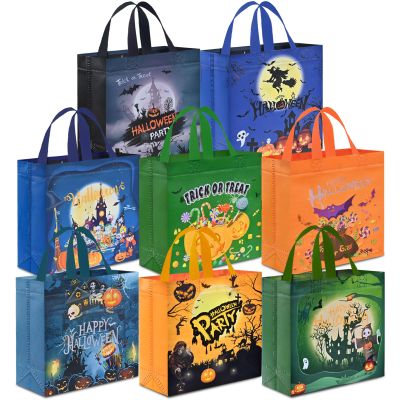 AhfuLife 8 Pcs Halloween Trick or Treat Bags, Candy Tote Bags with Handles, Reusable Non-Woven Gift Bag for Halloween Party Supplies Favors (7.87.83.1)