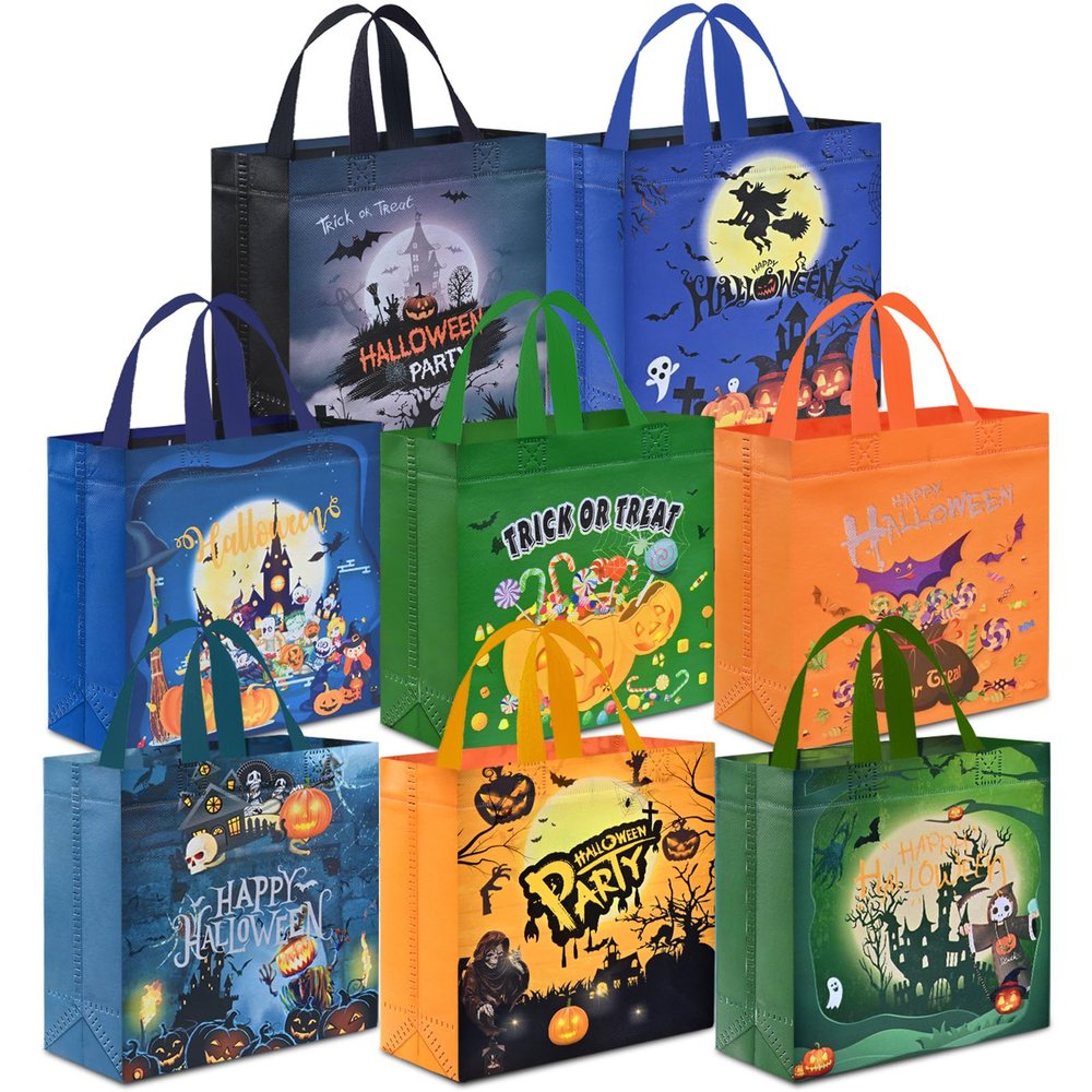 AhfuLife 8 Pcs Halloween Trick or Treat Bags, Candy Tote Bags with Handles, Reusable Non-Woven Gift Bag for Halloween Party Supplies Favors (7.87.83.1)