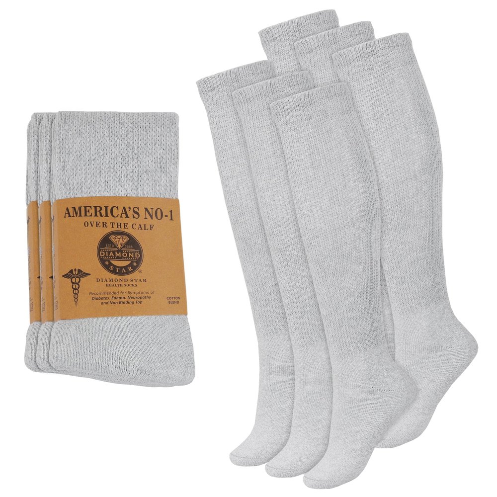 Diamond Star 6 Pairs Diabetic Knee High Socks for Men  Over the Calf Cotton Socks, Non-Binding Comfortable Fit  Mens Shoe Size 1316 (6 Pairs Grey)