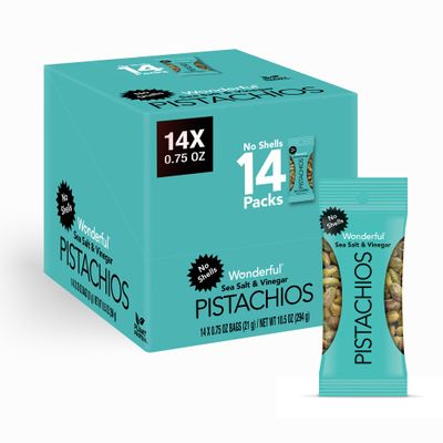 Wonderful Pistachios No Shells, Sea Salt & Vinegar Nuts, 0.75 Ounce Bags (Pack of 14), Protein Snacks, Savory & Salty Snacks, On-the-Go, Healthy Snacks for Adults