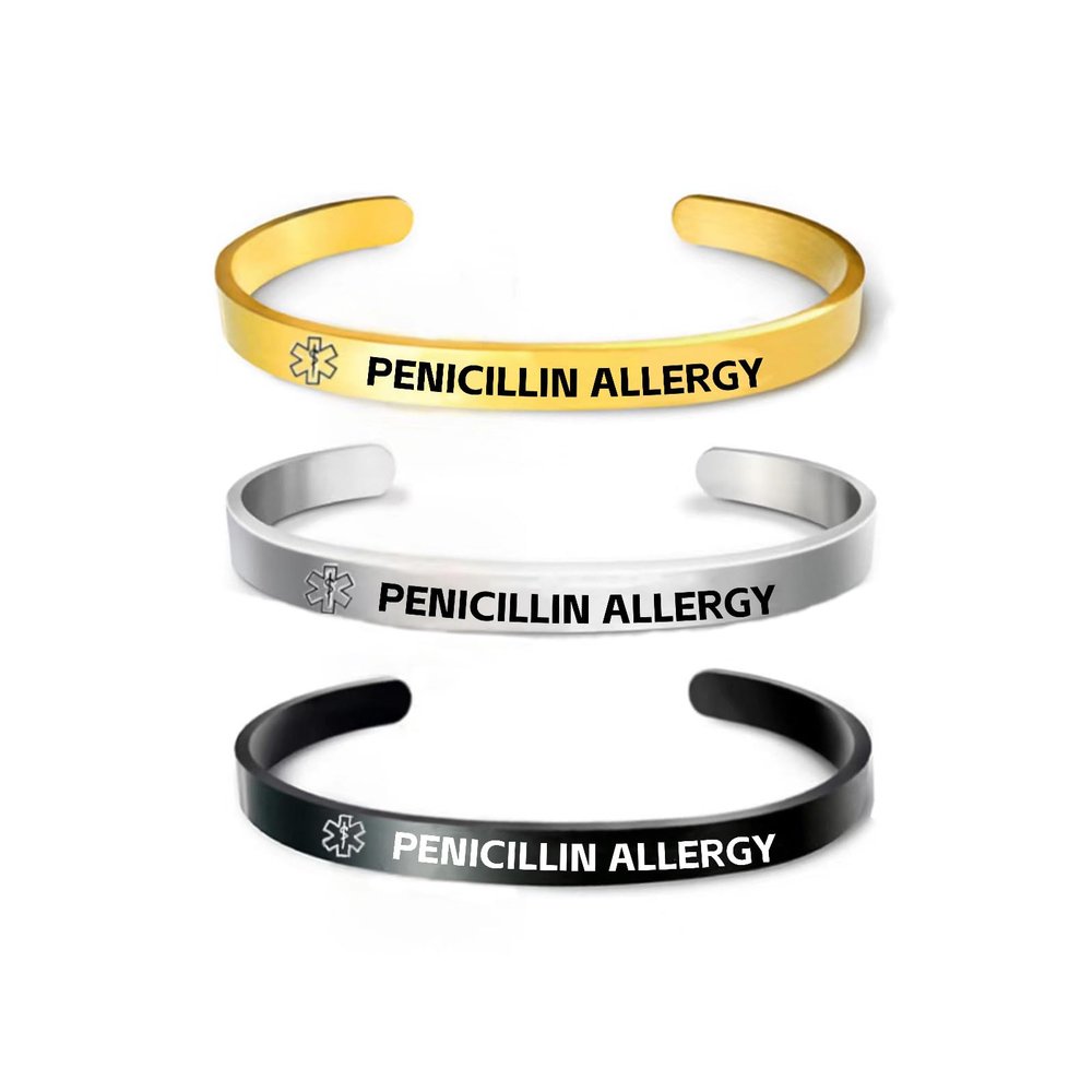RENYILIN 3PCS Stainless steel cuff bracelet Medical alert ID Emergency first Aid bracelet (PENICILLIN ALLERGY)