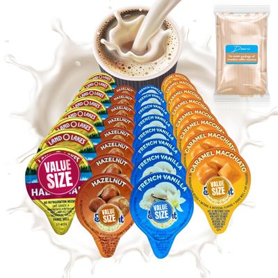 Coffee Creamer Liquid Singles International Delight Caramel Macchiato, French Vanilla, Hazelnut and Land O'Lakes Mini Moo's Half and Half Creamer Variety Pack Plus Doomi Wooden Stirrers (72 Pack), 4 Flavor Assortment Coffee Creamer Singles for Home, 