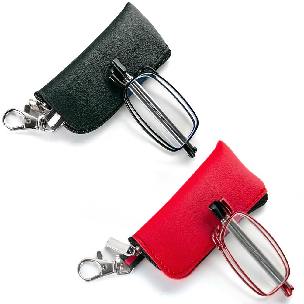 2 Pack Folding Reading Glasses for Men Women with Keychain Compact Bags Blue Light Blocking Portable Pocket Computer Readers,Black and Red 0.0