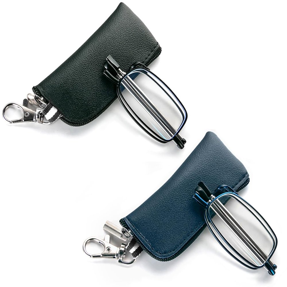 2 Pack Folding Reading Glasses for Men Women with Keychain Compact Bags Blue Light Blocking Portable Pocket Computer Readers,Black and Blue 4.0