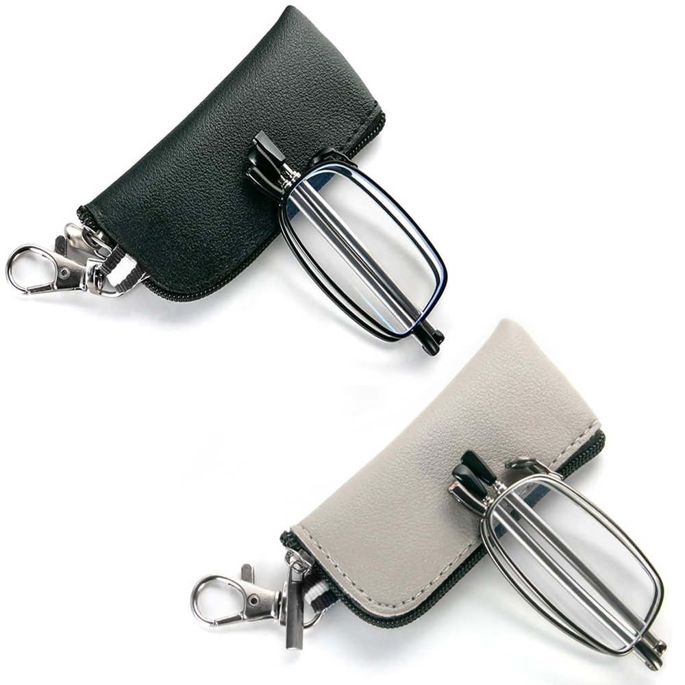 2 Pack Folding Reading Glasses for Men Women with Keychain Compact Bags Blue Light Blocking Portable Pocket Computer Readers,Black and Grey 4.0