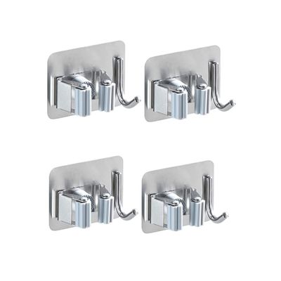 4PCS Self Adhesive Broom Holder Wall Mounted Mop Holder Broom Organizer with Hook Anti-Slip Garage Storage Hanger for Home Garden (Grey)