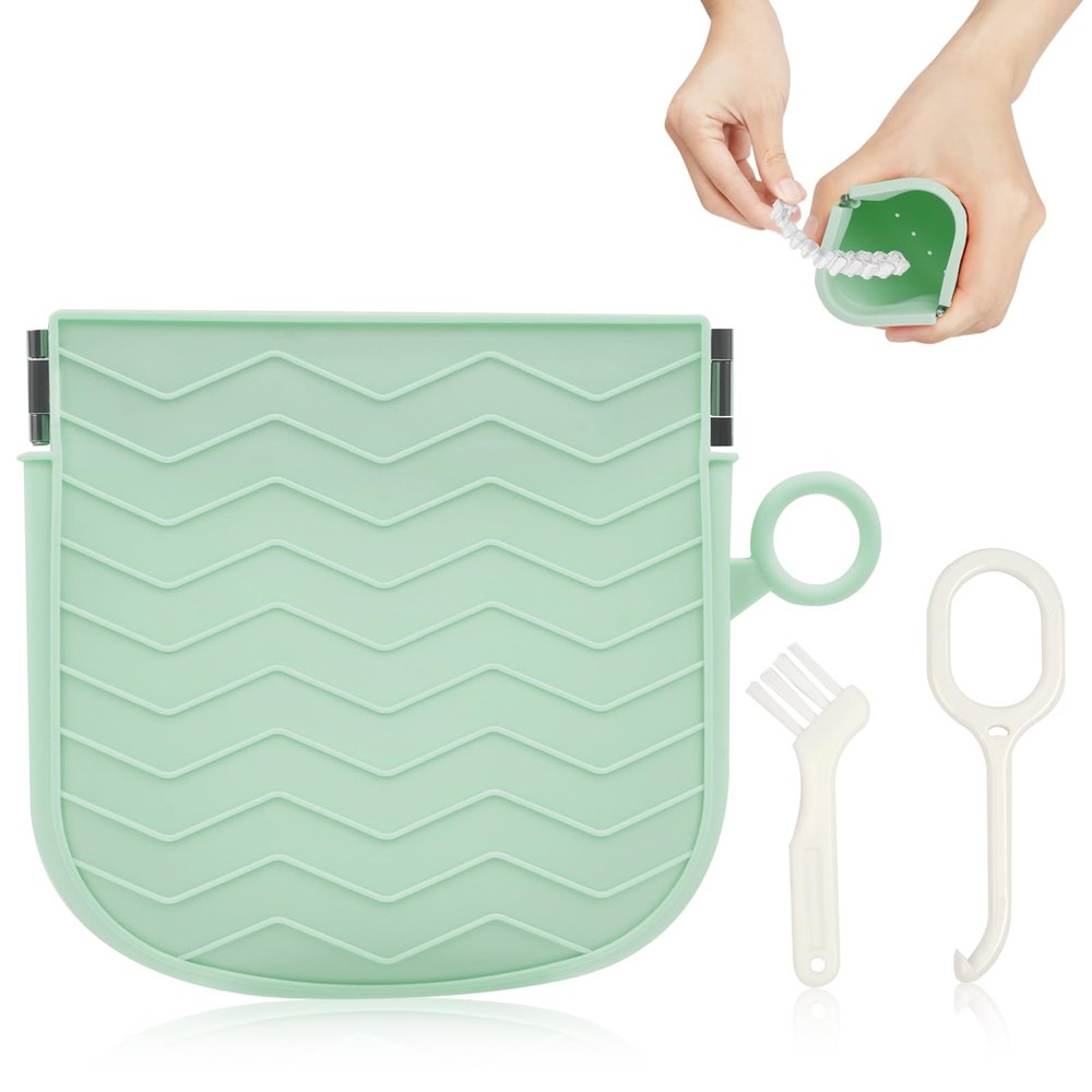 AOOWU Silicone Retainer Case with Hanging Ring Cute Retainer Holder Dental Thin Container Braces Case with Vent Holes Aligner Cleaner Brush Portable Travel Partial Denture Night Mouth Guard (Green)