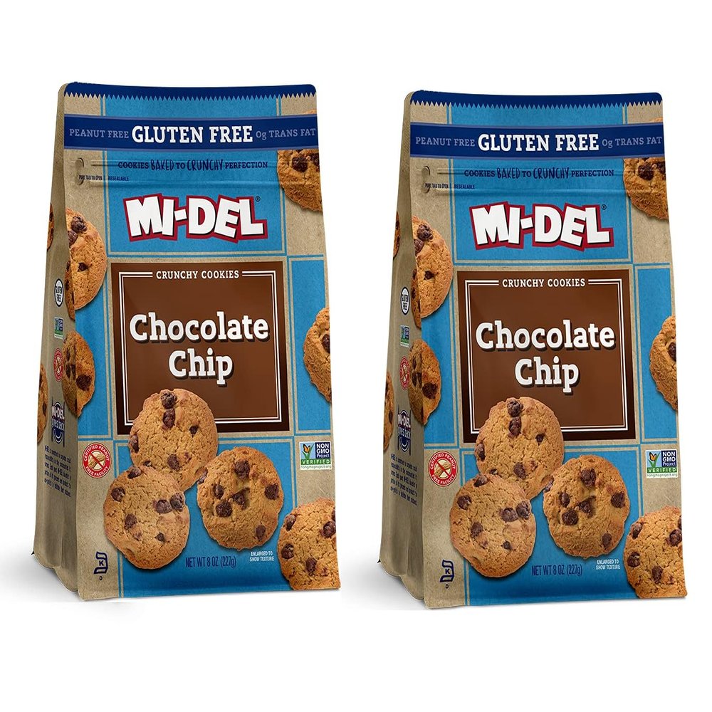 Mi-Del Gluten Free Chocolate Chip Cookies - Crunchy Chocolate Cookies, Non-Gmo Certified, 0g Trans Fat, Kosher, Peanut Free - Healthy Snack, 8oz (Pack of 2)