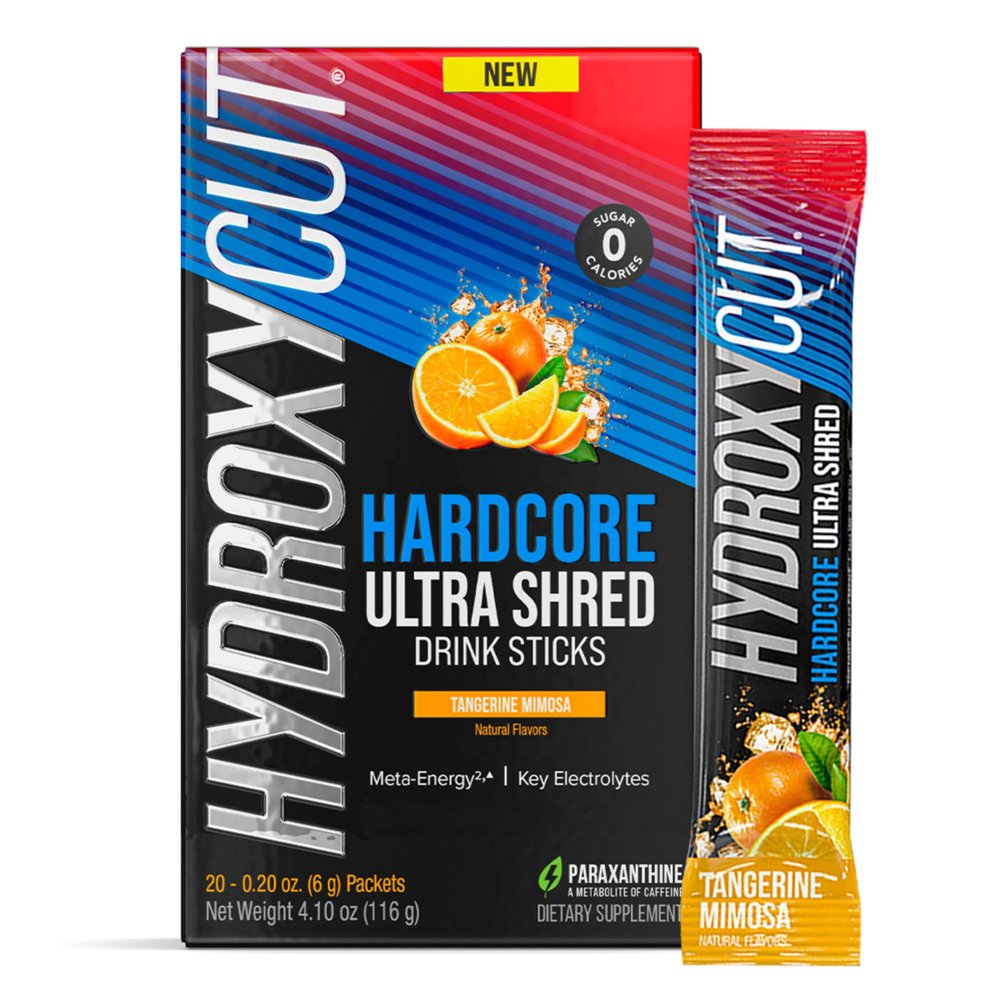 Hydroxycut Hardcore Ultra Shred Drink Sticks, Tangerine Mimosa - 20 Packets - Zero Sugar or Calories - Includes Paraxanthine & B Vitamins - For Women & Men