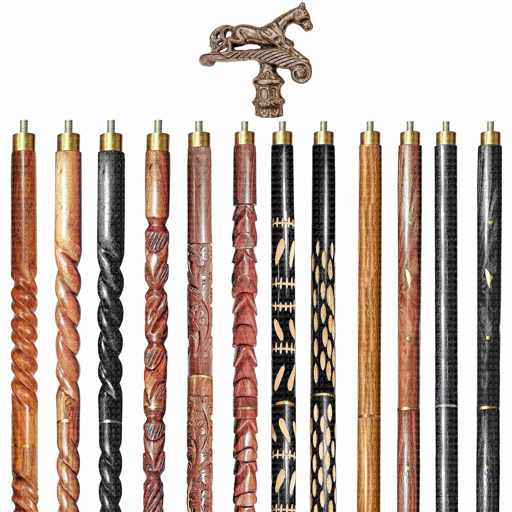 Wooden Walking Sticks and Canes Travel Collapsible for Men Women Seniors Hiking with Brass Horse Handle (Brown Antique, AANWS-106) (WS-02)