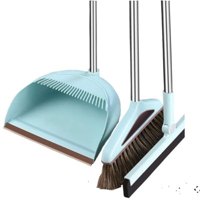 Broom and Dustpan Set Broom Dustpan Combo,Dust Pan Household Broom Mane Bristle Floor Squeegee Blue N-KOL Three Pcs -Round
