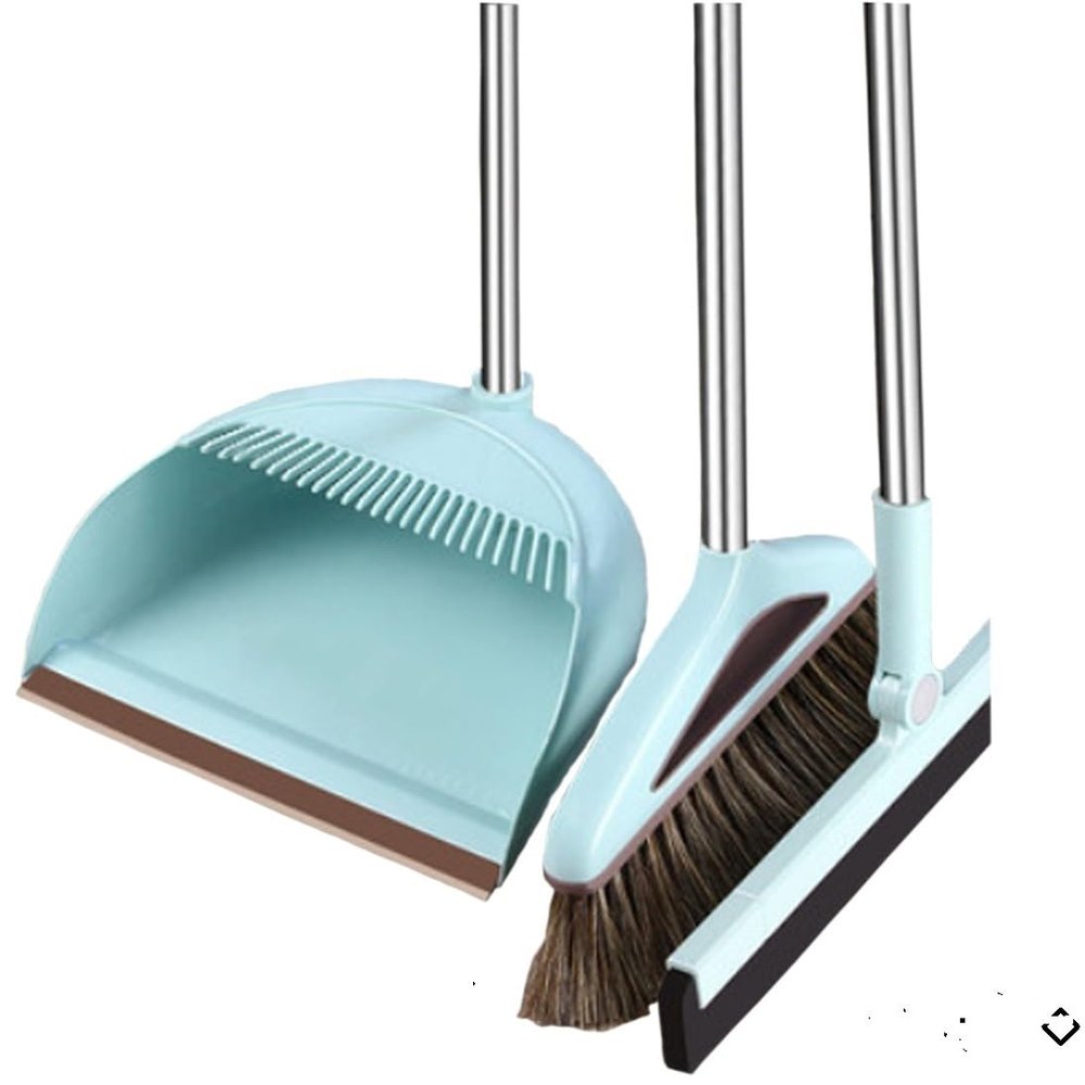 Broom and Dustpan Set Broom Dustpan Combo,Dust Pan Household Broom Mane Bristle Floor Squeegee Blue N-J5K Three Pcs -Round