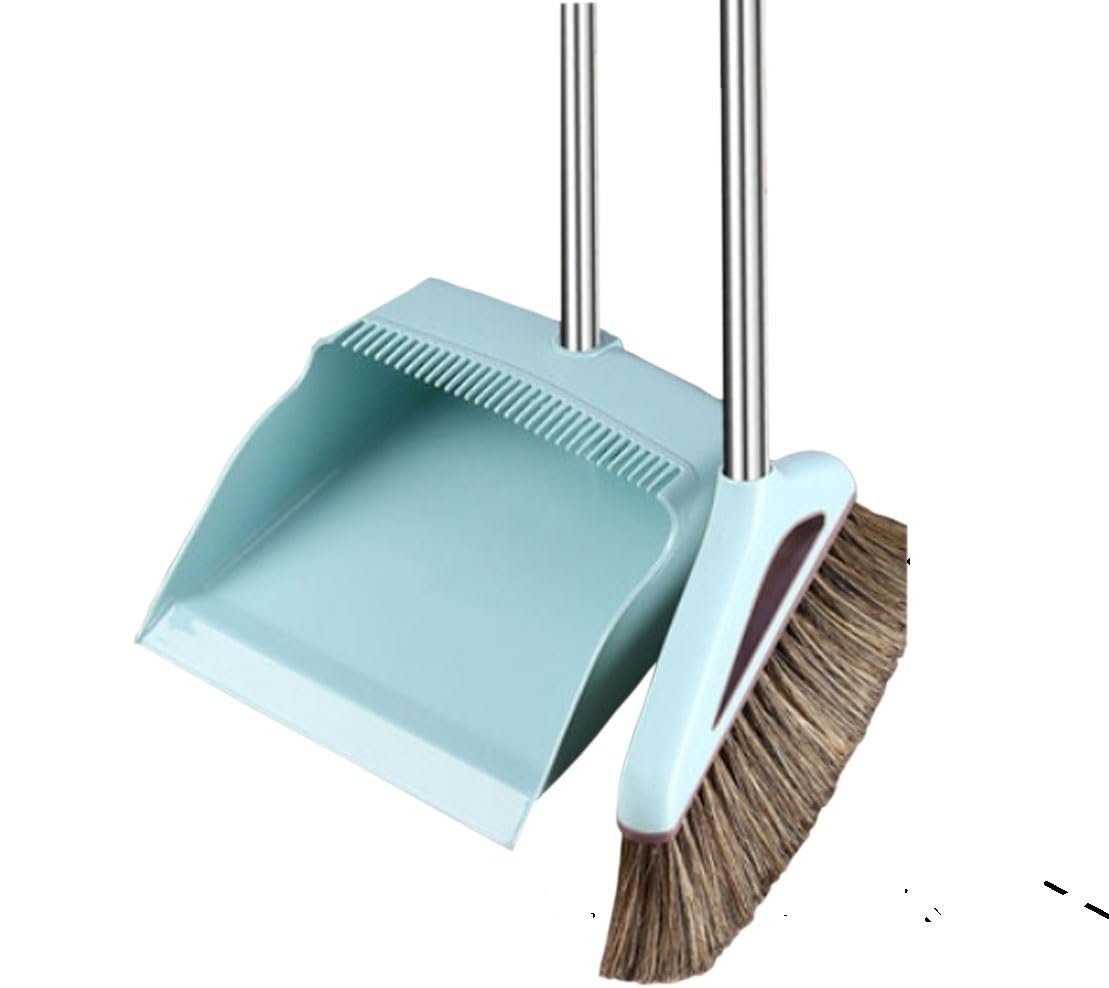 Broom and Dustpan Set Broom Dustpan Combo,Dust Pan Household Broom Mane Bristle Blue N-88J Two Pcs -Square