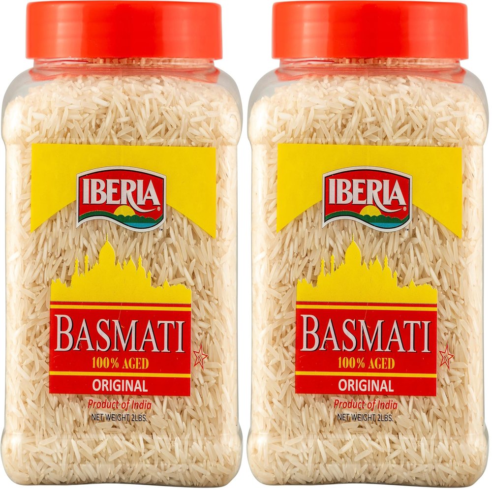 Iberia Basmati Rice Jar, 2 Pounds, Extra Long Grain, Naturally Aged Indian White Basmati Rice, Natural Basmati Rice in Food Grade Jar. (Pack of 2)