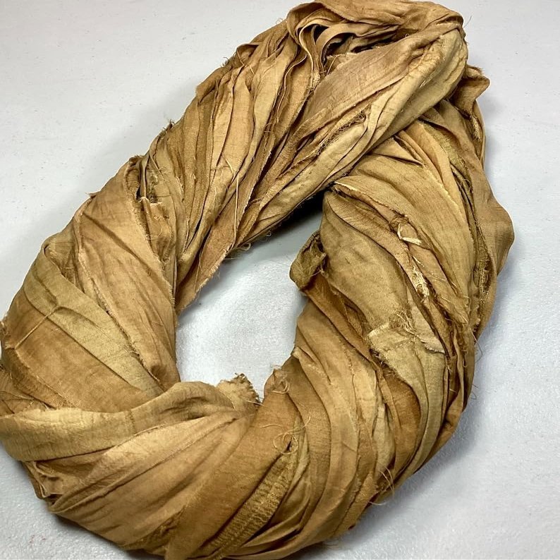 100 gr Recycled Sari Silk Ribbon Dark Mustard Tassel