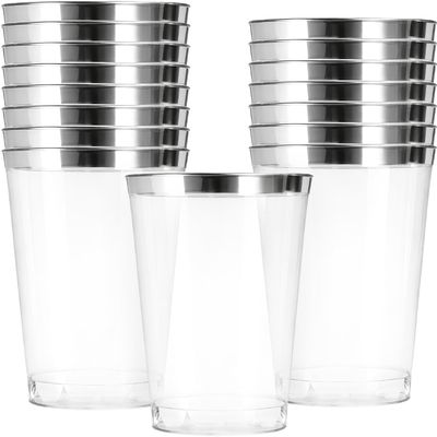 Blue Sky 8oz Elegant Silver Rim Tumblers (16 Count) - Premium Clear Plastic Disposable Cups for Parties, Weddings & Events