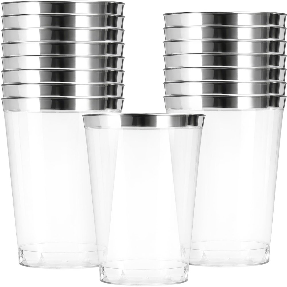 Blue Sky 8oz Elegant Silver Rim Tumblers (16 Count) - Premium Clear Plastic Disposable Cups for Parties, Weddings & Events