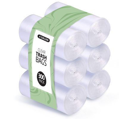 4 Gallon Trash Bags - 300 Small Mini Garbage Bags | 17" x 18" Clear Waste Basket Trash Bags | Bulk Plastic Bathroom Trash Can Liners