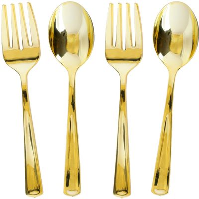 Blue Sky Disposable Gold Serving Set | 4 Count (2 Spoons & 2 Forks) - Perfect for Parties and Events