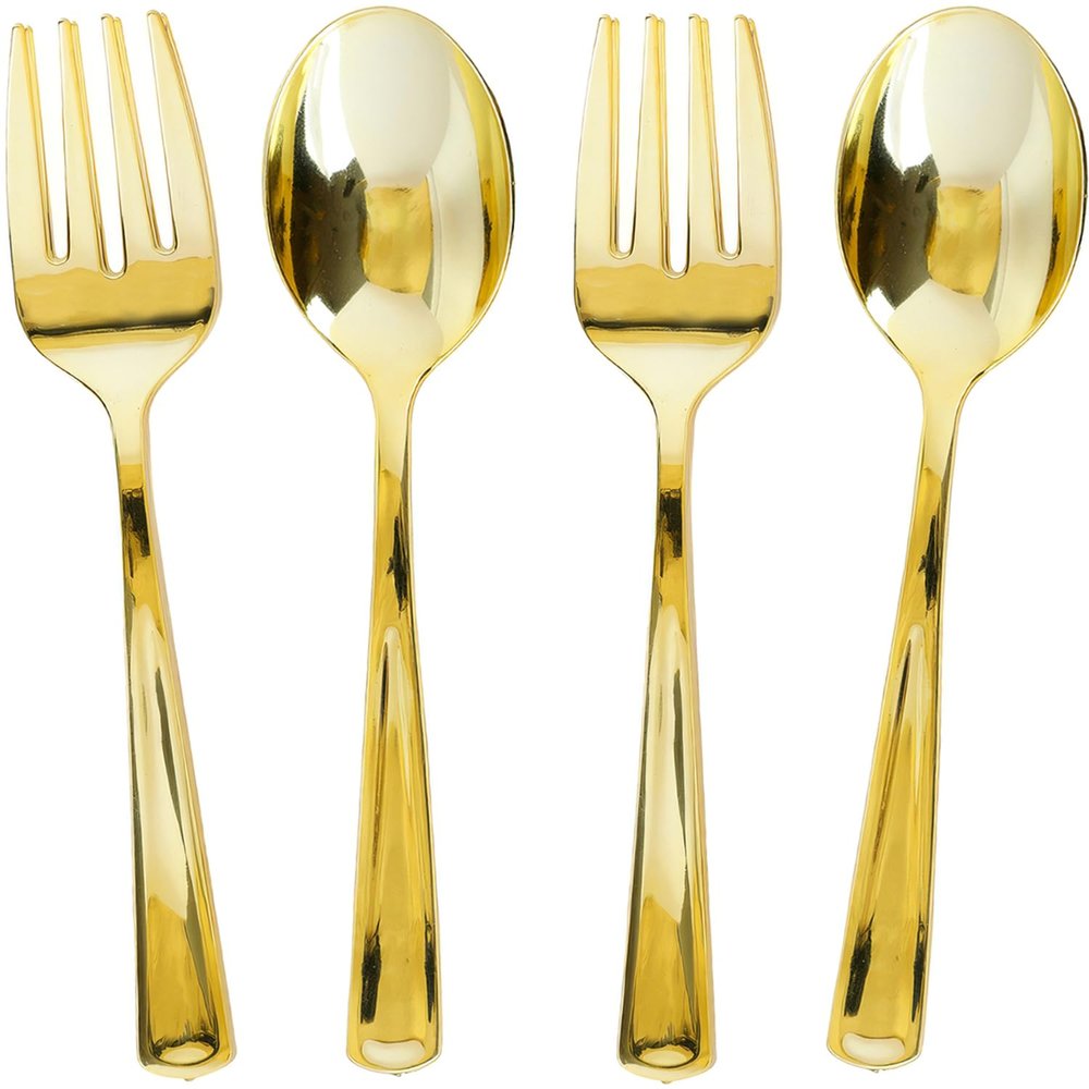 Blue Sky Disposable Gold Serving Set | 4 Count (2 Spoons & 2 Forks) - Perfect for Parties and Events