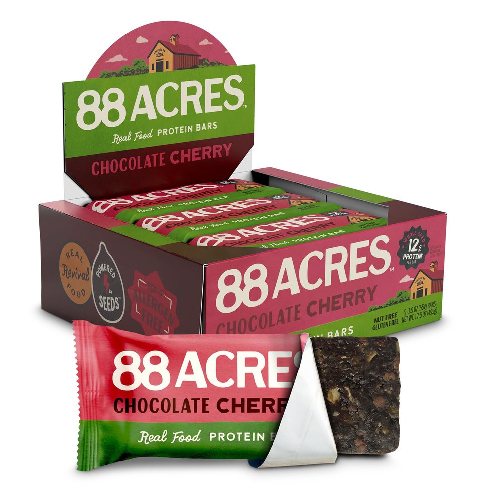 88 Acres Seed Protein Bars, Chocolate Cherry, 9 Count, 12g Plant-Based Protein, Gluten Free, Nut Free, School Safe Snack Bar, Vegan, Non-GMO, Individually Wrapped