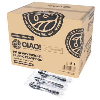 CIAO! 6.3" Black Teaspoon Heavy Weight Polypropylene Individually Wrapped (Case of 1,000)