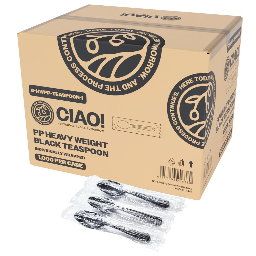 CIAO! 6.3" Black Teaspoon Heavy Weight Polypropylene Individually Wrapped (Case of 1,000)