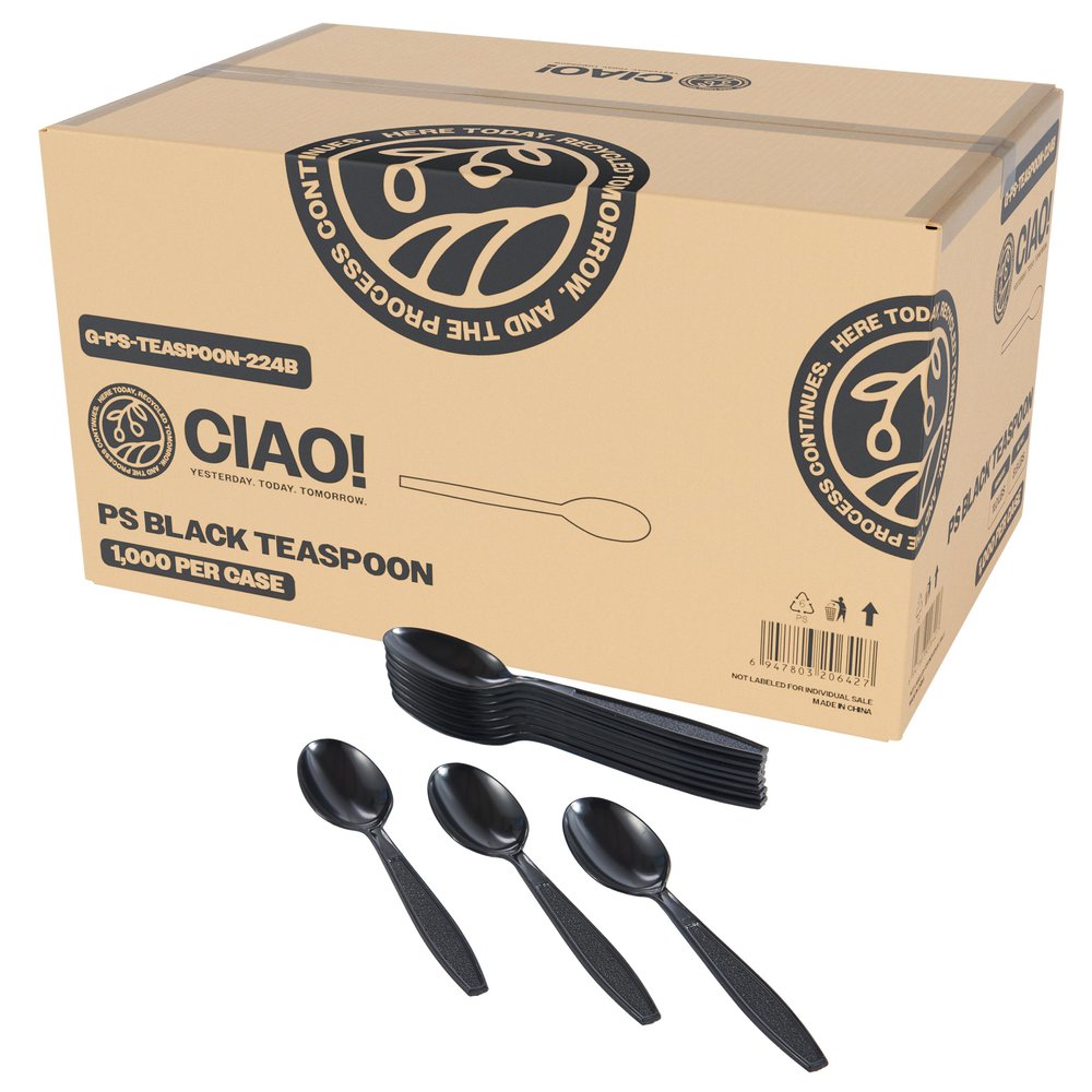 CIAO! Heavy Weight Polystyrene Disposable Teaspoon Black (Case of 1,000)