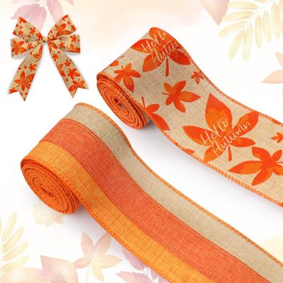 2 Rolls Fall Fabric Ribbon Thanksgiving Burlap Linen Ribbons Fall Maple Leaves Orange Brown Strips Edge Wired Decor Ribbons for Fall Thanksgiving Party Gift Wrapping Crafts Decoration Supplies 5 Yards