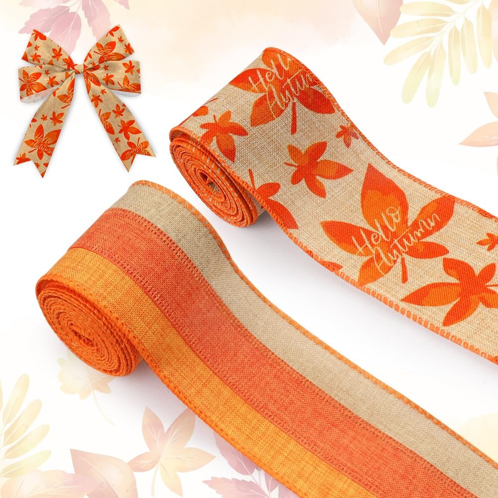 2 Rolls Fall Fabric Ribbon Thanksgiving Burlap Linen Ribbons Fall Maple Leaves Orange Brown Strips Edge Wired Decor Ribbons for Fall Thanksgiving Party Gift Wrapping Crafts Decoration Supplies 5 Yards
