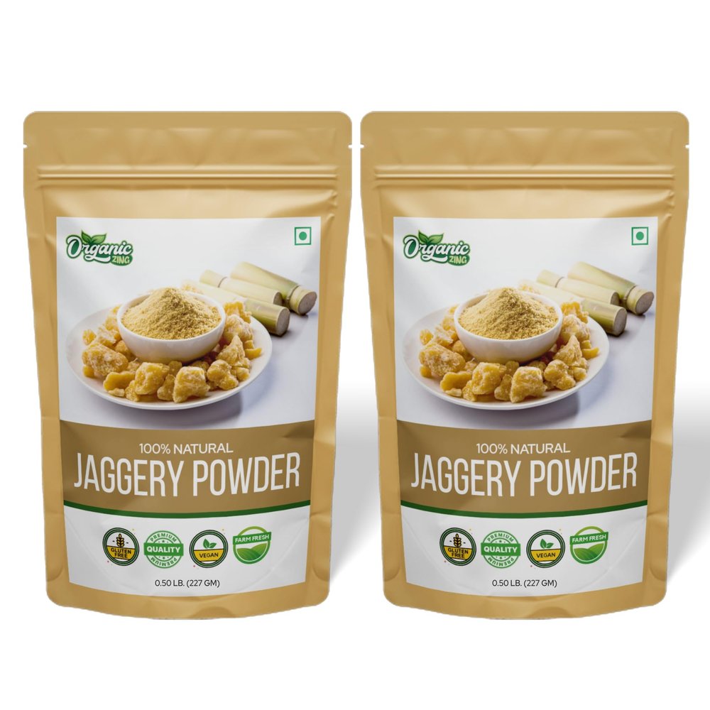 Organic Zing Jaggery Powder | 100% Unadultered Jaggery Powder | Naturally Grown | Jaggery Powder For Tea | Product of India - 227 gm (8 oz) Pack of 2