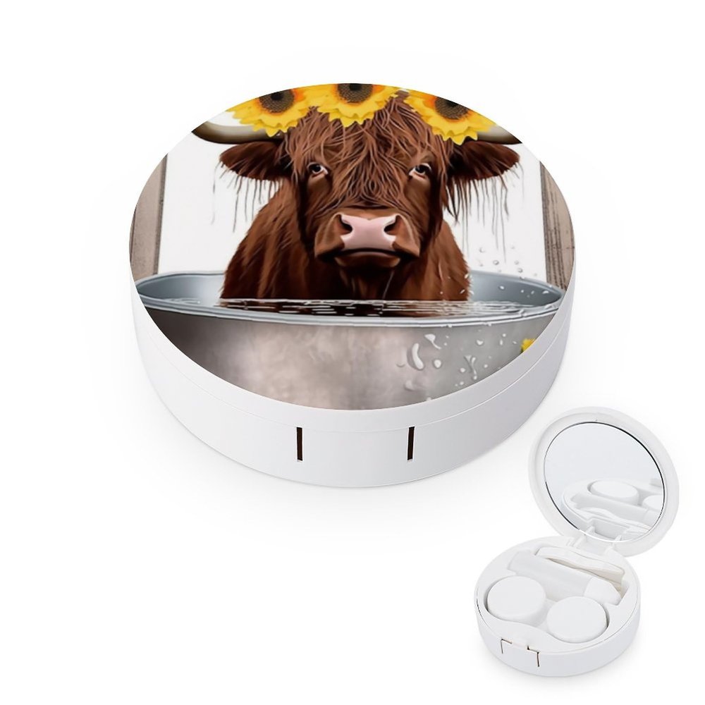 VHPVHP Contact Lenses Case Kit, Cow in Tub with Sunflowers Contact Lens Case with Mirror,Portable Contact Box Travel Kit with Tweezers Remover for Outdoor And Office Daily Use