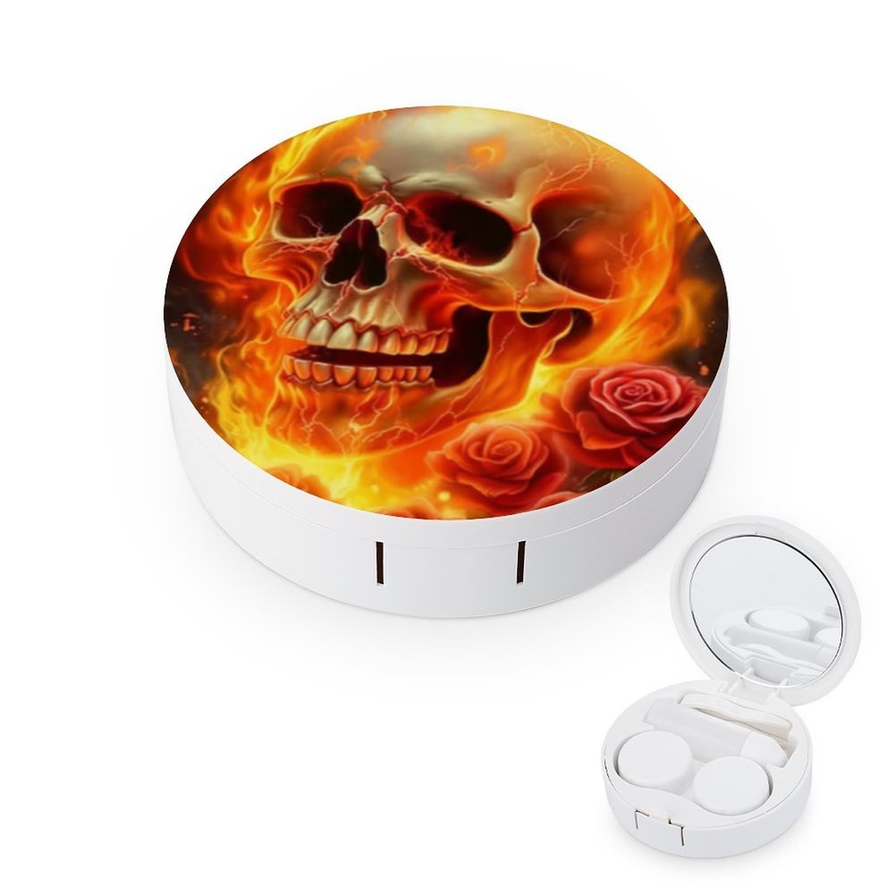 VHPVHP Contact Lenses Case Kit, Flame Rose Flowers Skull Contact Lens Case with Mirror,Portable Contact Box Travel Kit with Tweezers Remover for Outdoor And Office Daily Use