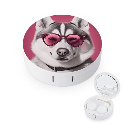 VHPVHP Contact Lenses Case Kit, Husky Dog with Hearts Sunglasses And Scarf Contact Lens Case with Mirror,Portable Contact Box Travel Kit with Tweezers Remover for Outdoor And Office Daily Use