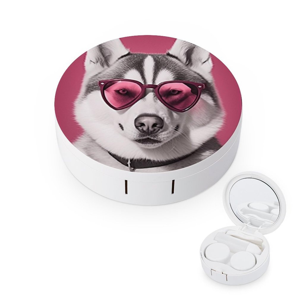VHPVHP Contact Lenses Case Kit, Husky Dog with Hearts Sunglasses And Scarf Contact Lens Case with Mirror,Portable Contact Box Travel Kit with Tweezers Remover for Outdoor And Office Daily Use