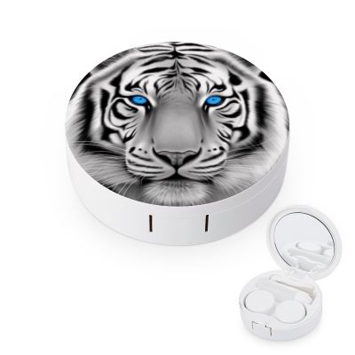 VHPVHP Contact Lenses Case Kit, White Tiger Contact Lens Case with Mirror,Portable Contact Box Travel Kit with Tweezers Remover for Outdoor And Office Daily Use