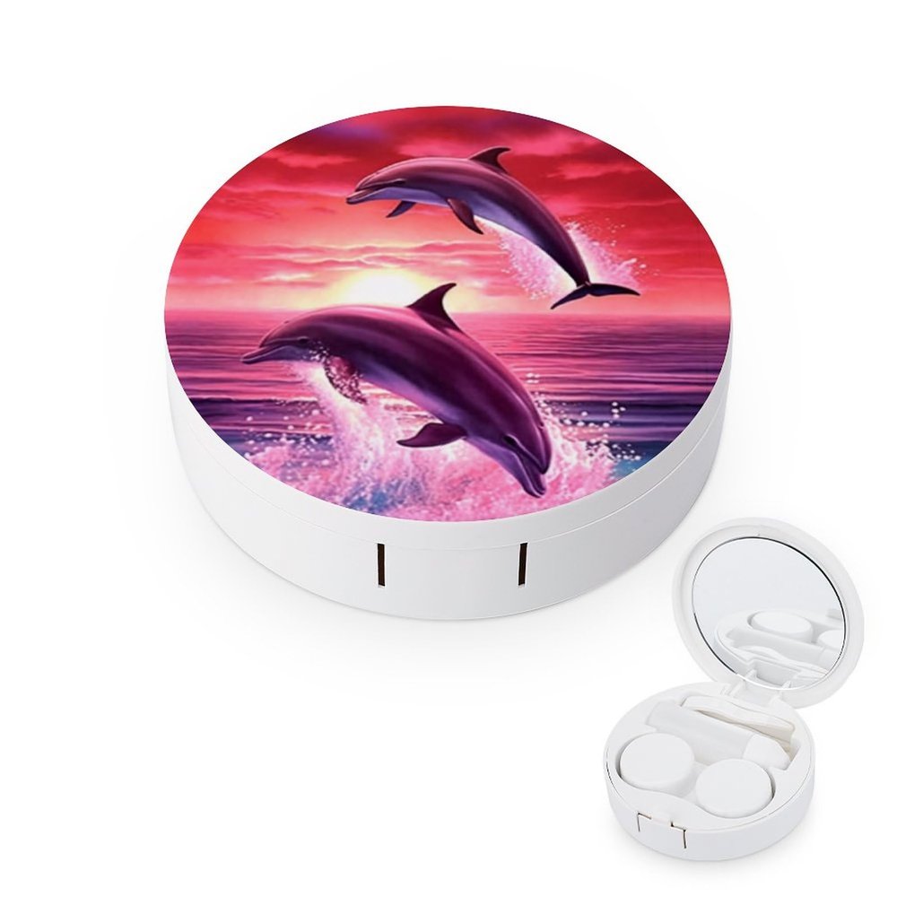 VHPVHP Contact Lenses Case Kit, Pink Jumping Dolphins Contact Lens Case with Mirror,Portable Contact Box Travel Kit with Tweezers Remover for Outdoor And Office Daily Use