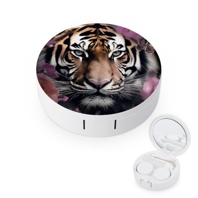 VHPVHP Contact Lenses Case Kit, Tiger Surrounded By Flowers Contact Lens Case with Mirror,Portable Contact Box Travel Kit with Tweezers Remover for Outdoor And Office Daily Use