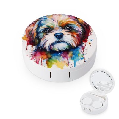 VHPVHP Contact Lenses Case Kit, Shih Tzu Dog Watercolor Contact Lens Case with Mirror,Portable Contact Box Travel Kit with Tweezers Remover for Outdoor And Office Daily Use