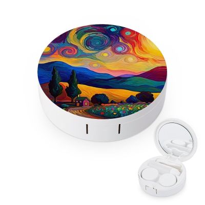 VHPVHP Contact Lenses Case Kit, Colorful Countryside Starry Sky Contact Lens Case with Mirror,Portable Contact Box Travel Kit with Tweezers Remover for Outdoor And Office Daily Use